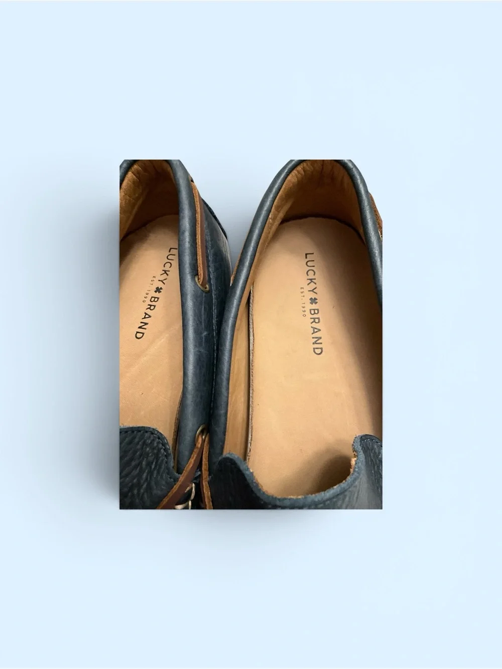 Lucky Brand Leather Moccasin Slip-On Navy Loafers with Brown Laces